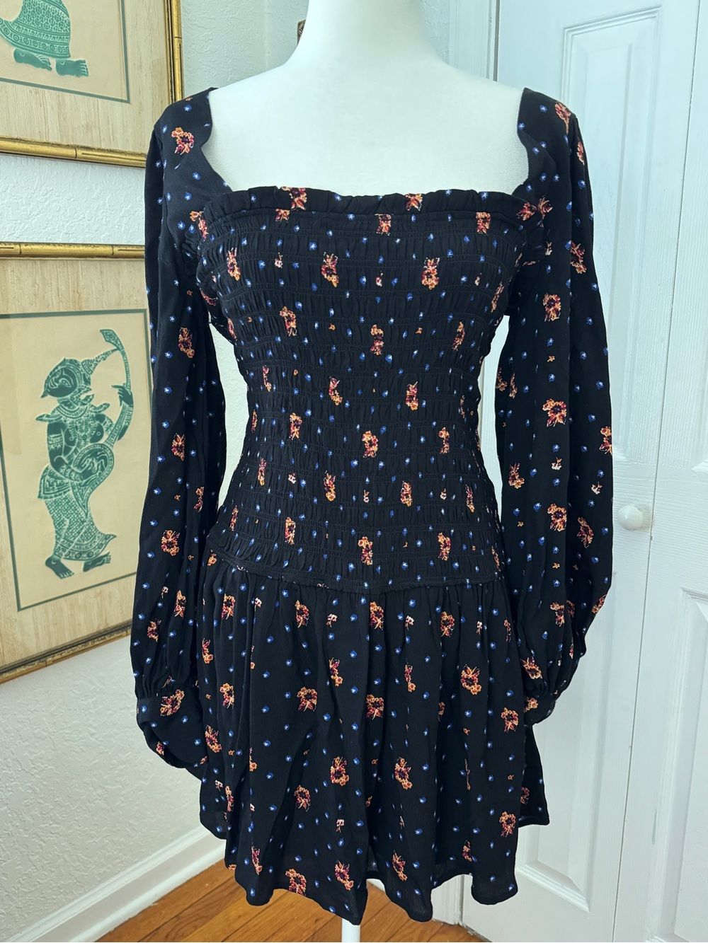 Free People Two Faces Mini Dress Black Floral Smocked Square Neck Boho sz M